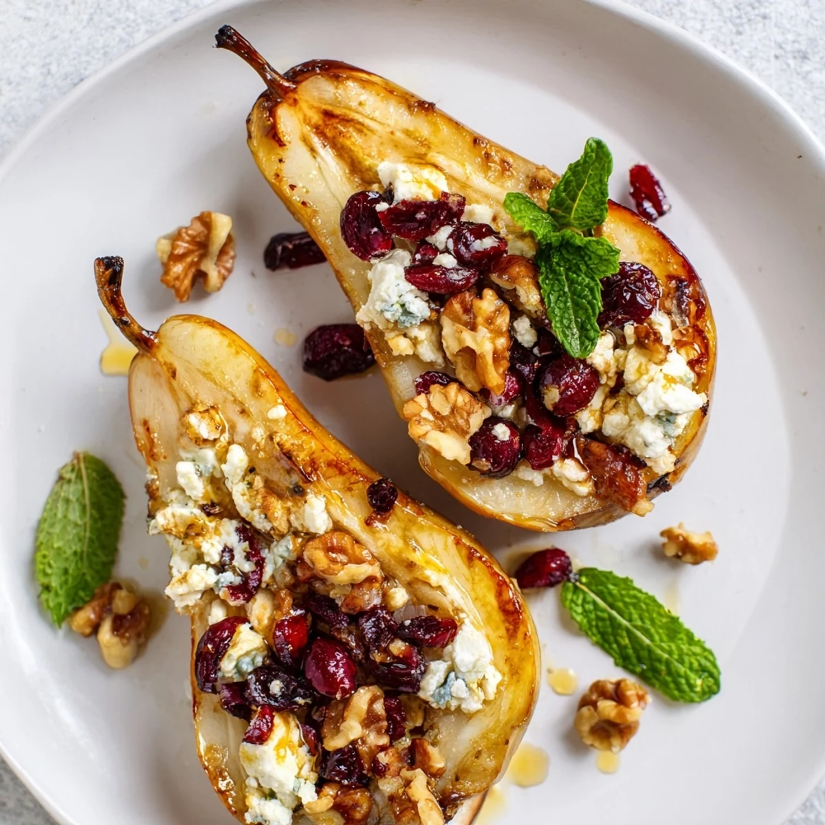 Baked Pears With Feta Honey Cranberries nestled in a parchment-lined baking dish