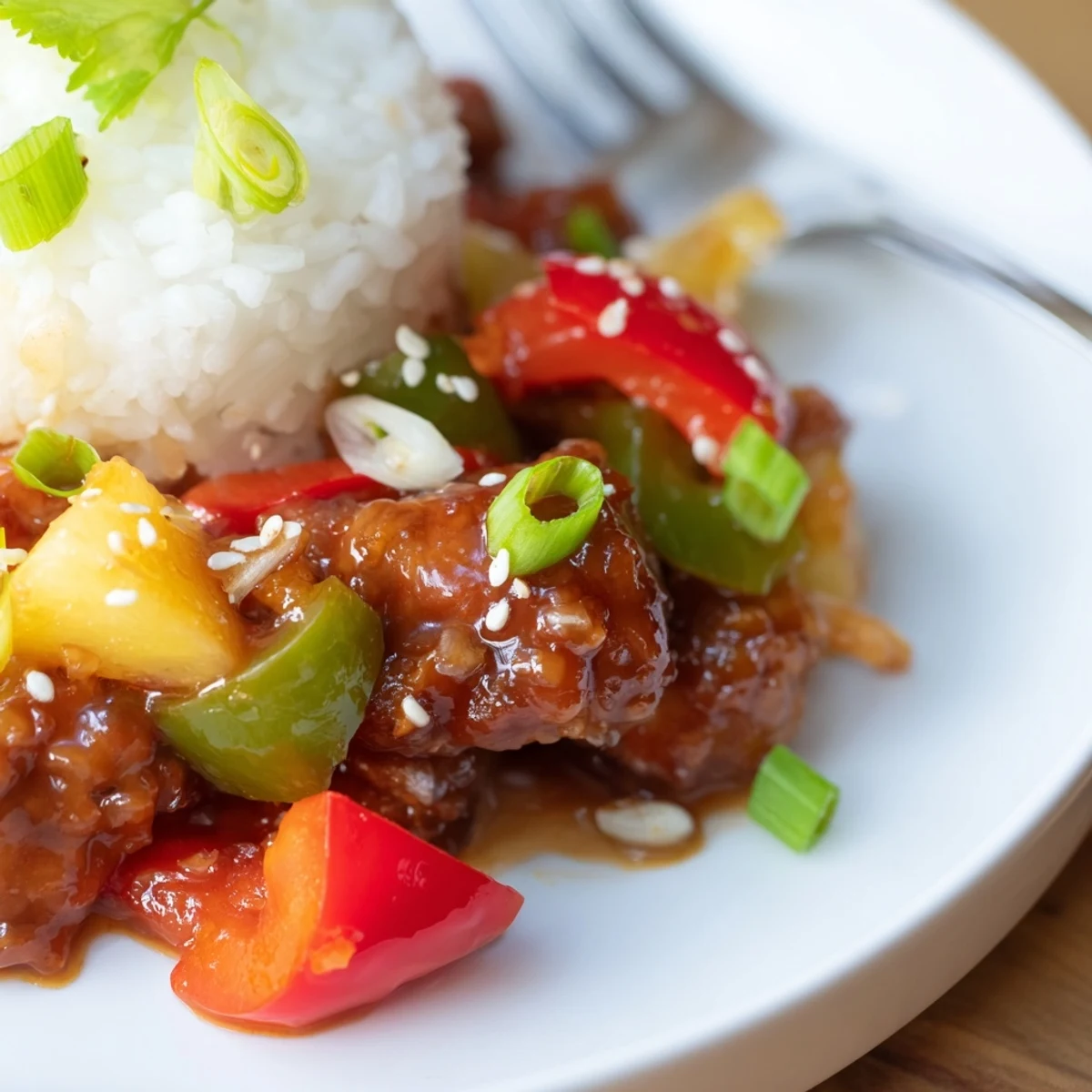 Aromatic pineapple and peppers crowning Sweet Hawaiian Crockpot Chicken on steamed rice