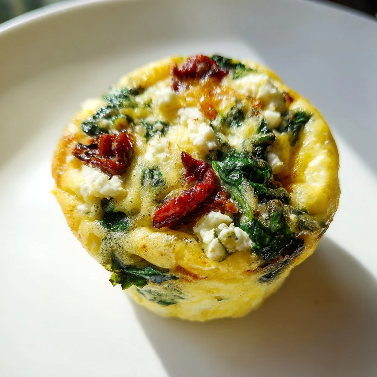 Fluffy baked egg muffins with spinach feta and sun dried tomatoes in muffin tin