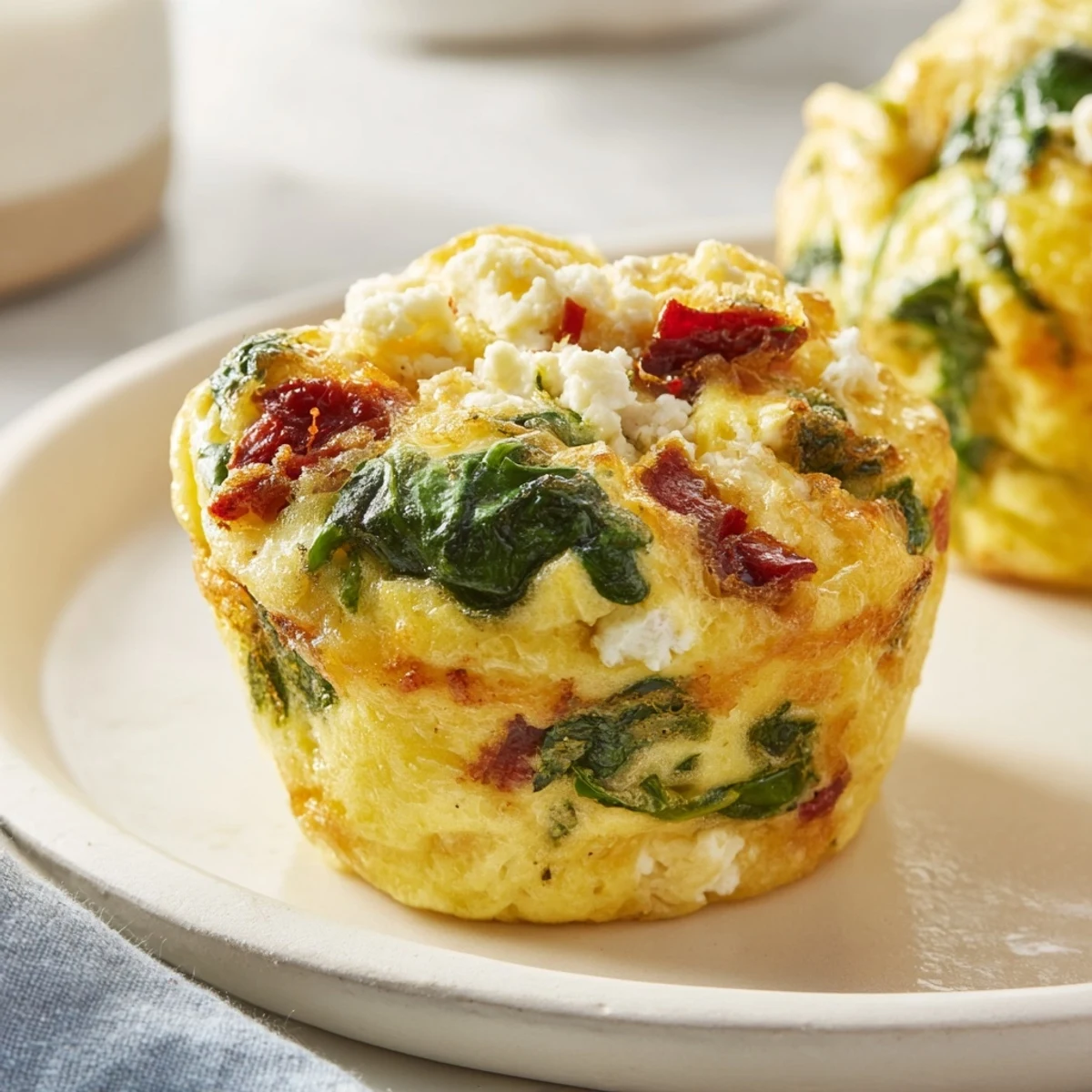 Golden spinach feta and sun dried tomato egg muffin cups fresh from oven