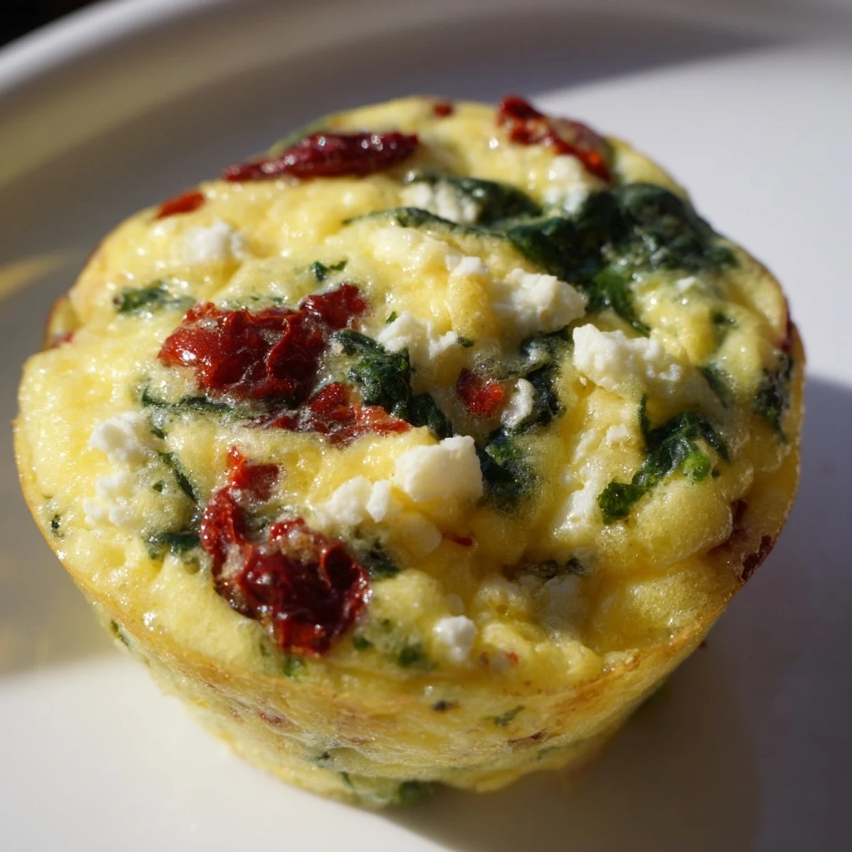 Mediterranean spinach feta egg muffin cups topped with sun dried tomatoes and fresh herbs