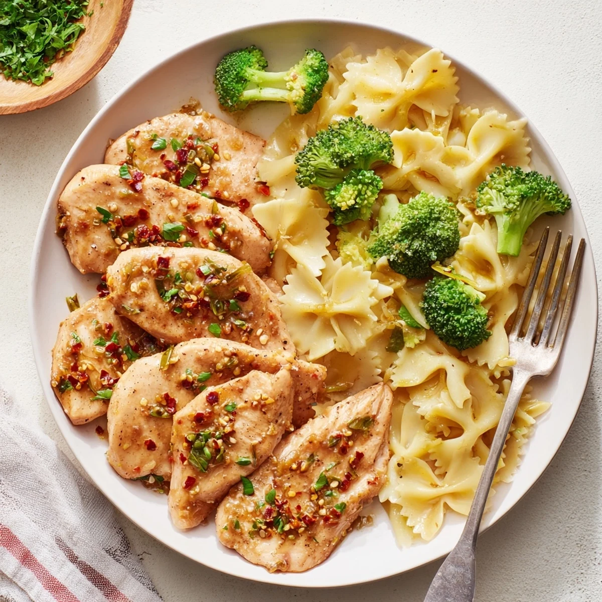 Golden sliced chicken breasts coated in zesty melted cowboy butter served over lemony bowtie pasta with crisp broccoli florets