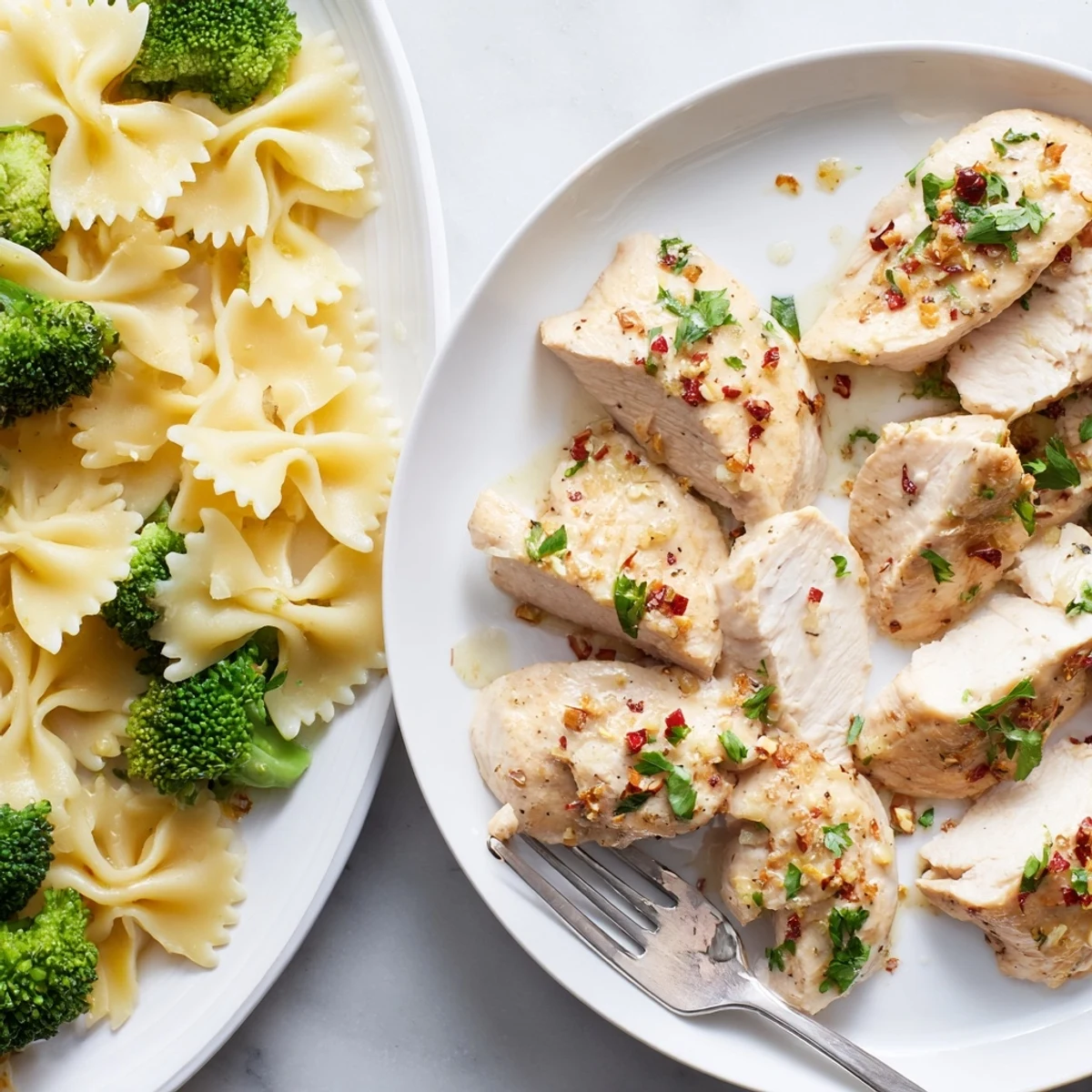 Juicy spiced chicken topped with garlic herb cowboy butter alongside bright lemon pasta and tender crisp broccoli on a white plate