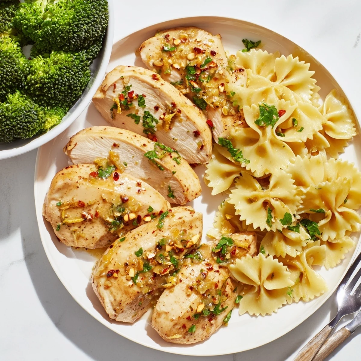 Savory cowboy butter chicken resting on a bed of zesty lemon bowtie pasta with fresh green broccoli pieces sprinkled throughout