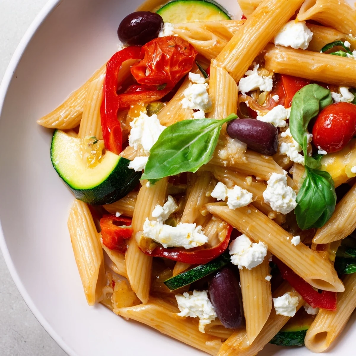 Colorful Mediterranean one pot pasta with fresh vegetables and olives in a rustic serving bowl