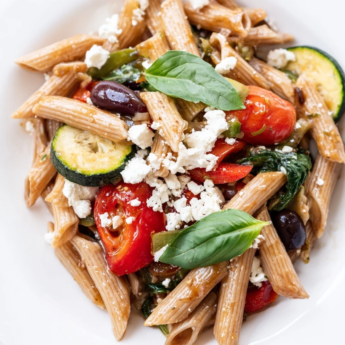 Steaming Mediterranean one pot pasta featuring cherry tomatoes, zucchini, and melted feta cheese topping