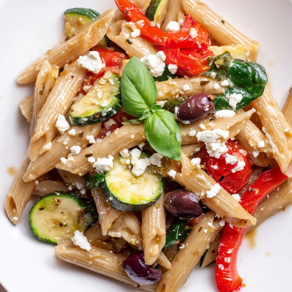 Vibrant Mediterranean one pot pasta with spinach, bell peppers, and basil garnished on a white plate