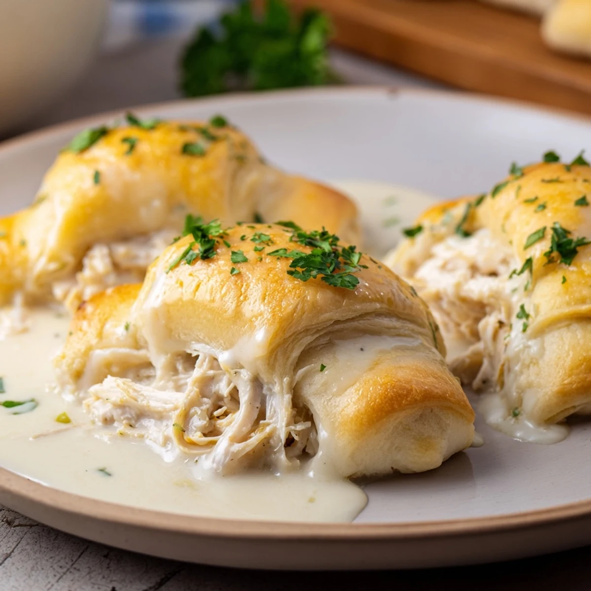 Golden baked chicken pillows with creamy parmesan sauce drizzled over flaky crescent dough