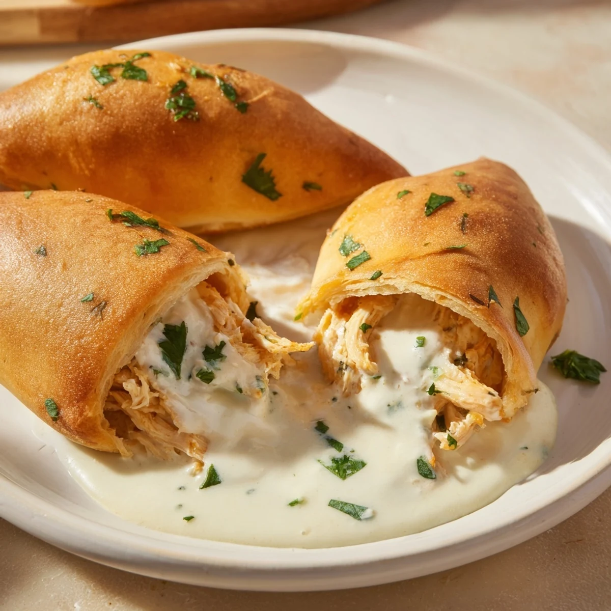 Homemade chicken pillows in golden pastry served with velvety parmesan cream sauce garnish