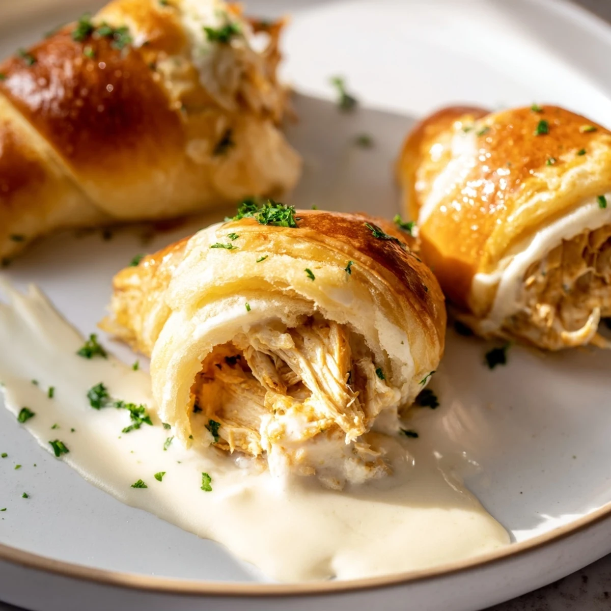 Tender chicken stuffed crescent rolls topped with rich white parmesan sauce and fresh parsley