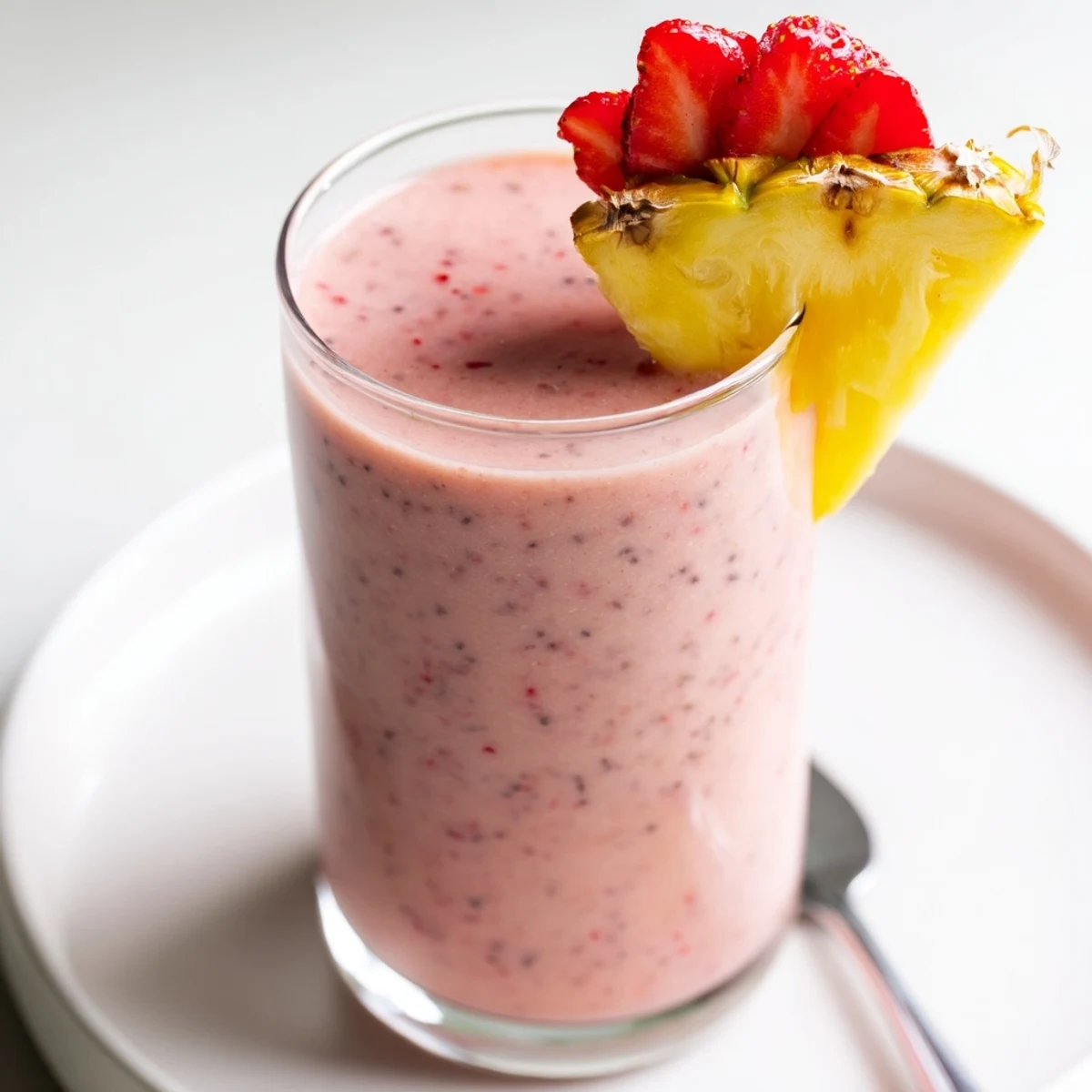 Creamy Strawberry Pineapple Smoothie swirled with orange juice, served for breakfast  