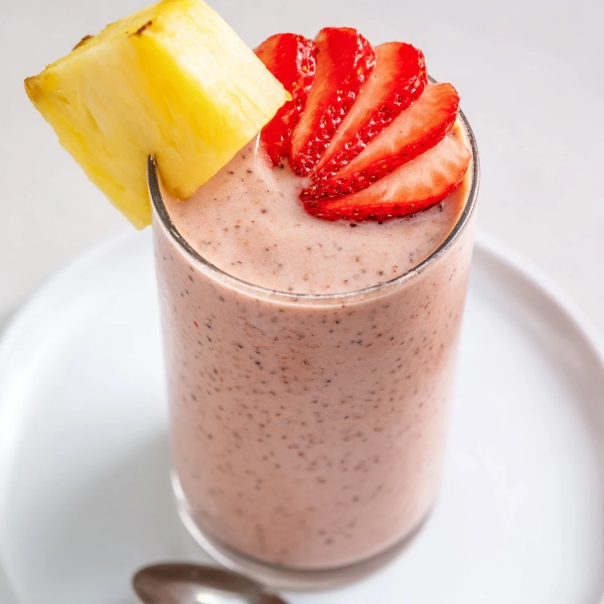 Strawberry Pineapple Smoothie: bright pink tropical drink, chilled glass with mint  