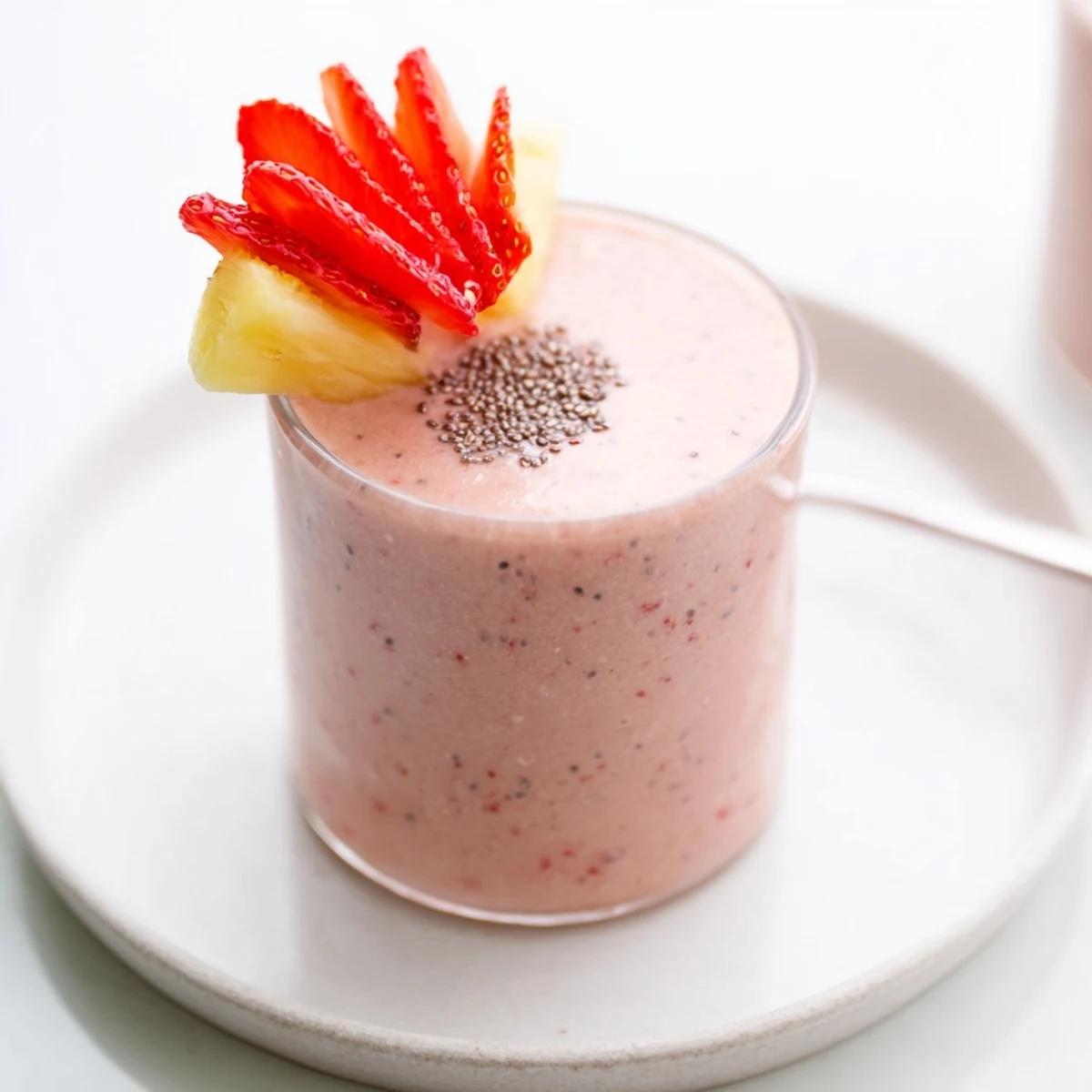 Iced Strawberry Pineapple Smoothie blended with almond milk, garnished with pineapple wedge