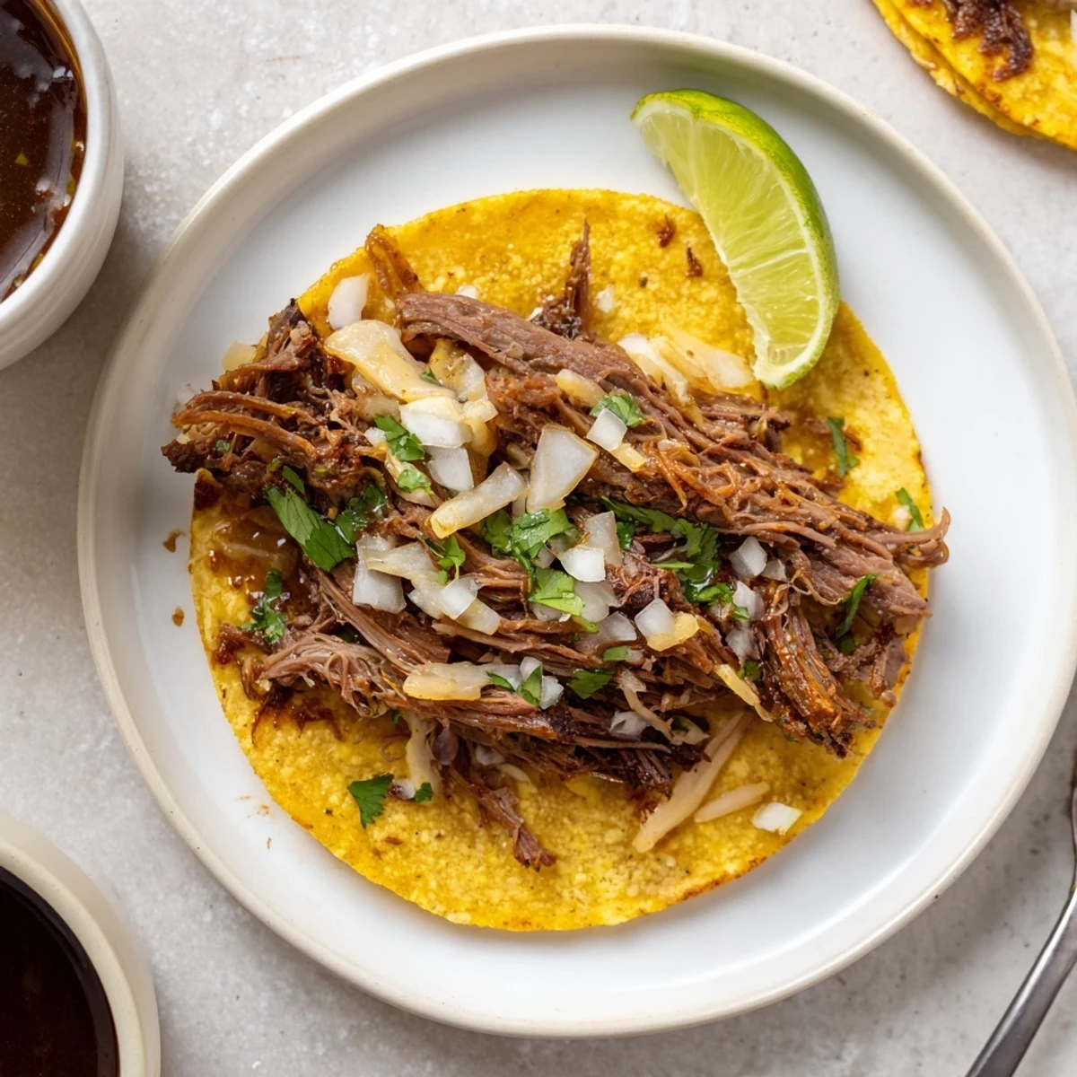 Plated Super Crispy Birria Tacos Recipe, topped with cilantro, diced onion, lime