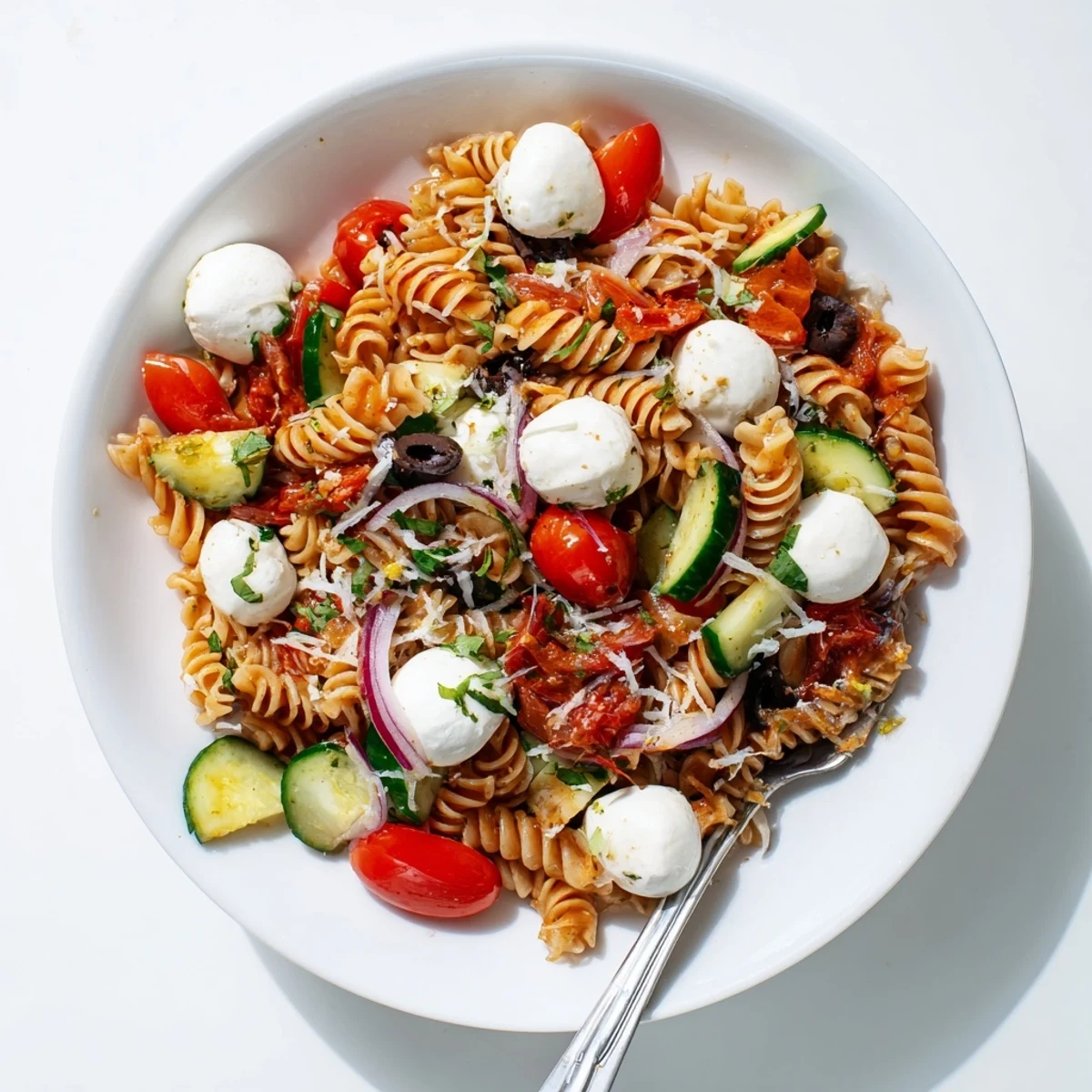 Gluten Free Italian Pasta Salad layered with sun dried tomatoes and basil