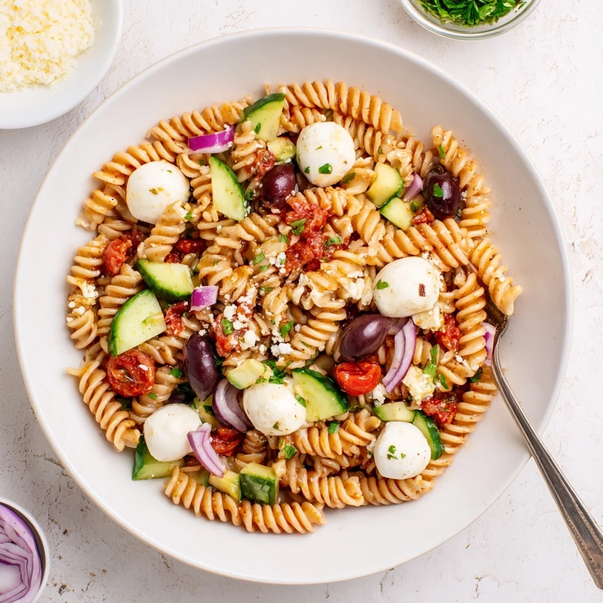 Gluten Free Italian Pasta Salad recipe with creamy mozzarella, olives, crisp cucumber