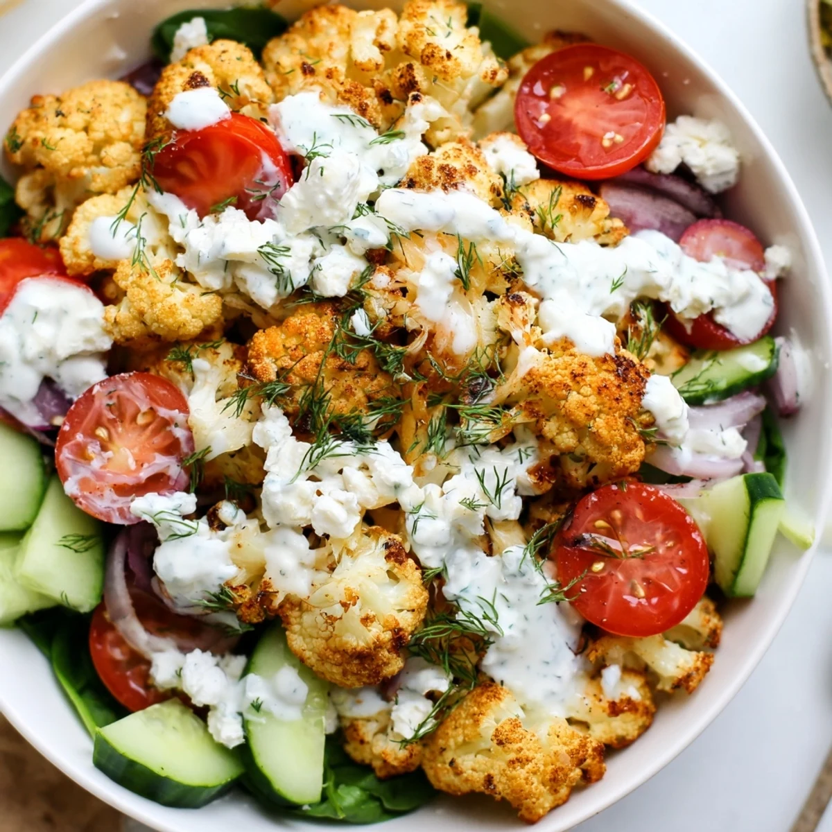 Golden roasted Greek cauliflower bowl with cherry tomatoes, feta, and creamy tzatziki drizzle