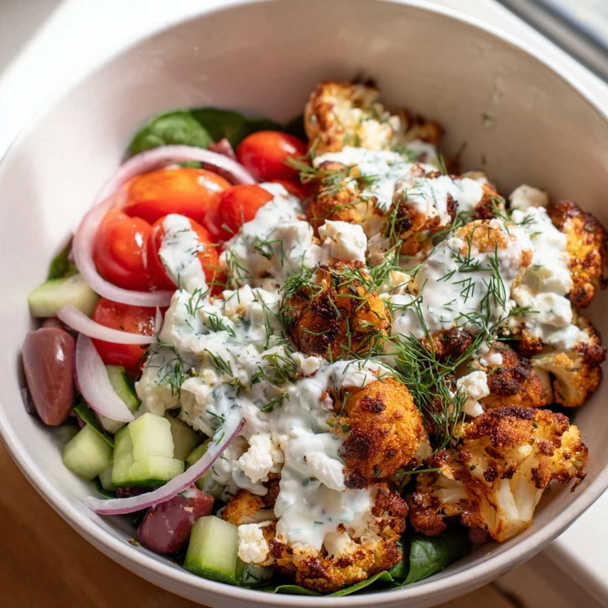 Vibrant Greek cauliflower bowl layered over baby spinach with olives, cucumber, and tangy feta