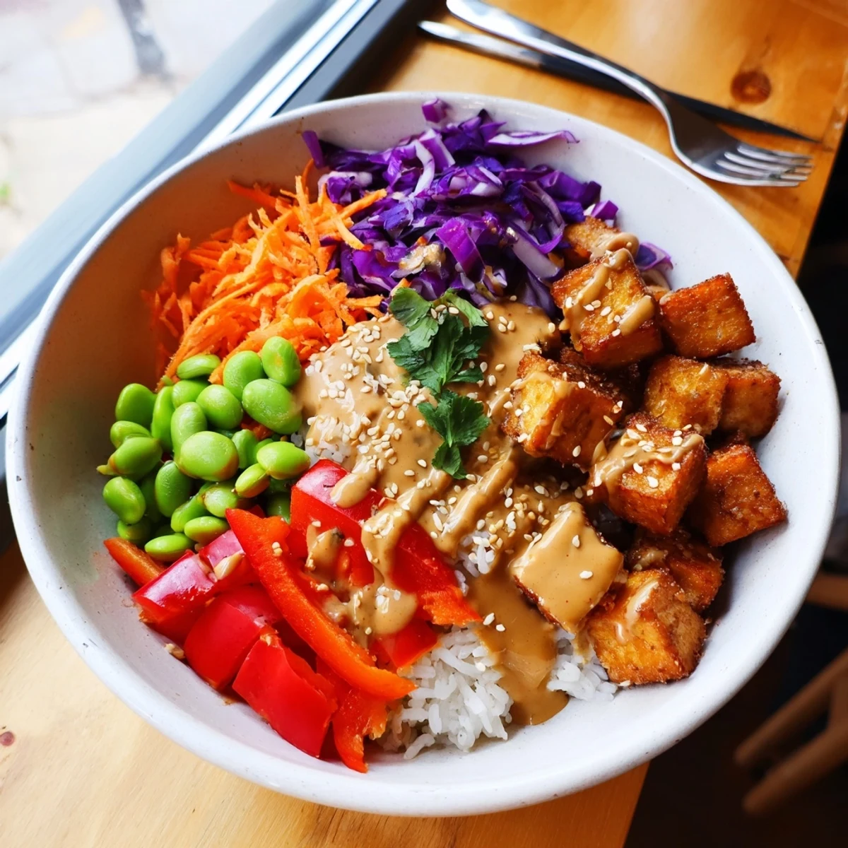 Tofu rice bowl with peanut sauce topped with colorful crunchy julienned vegetables