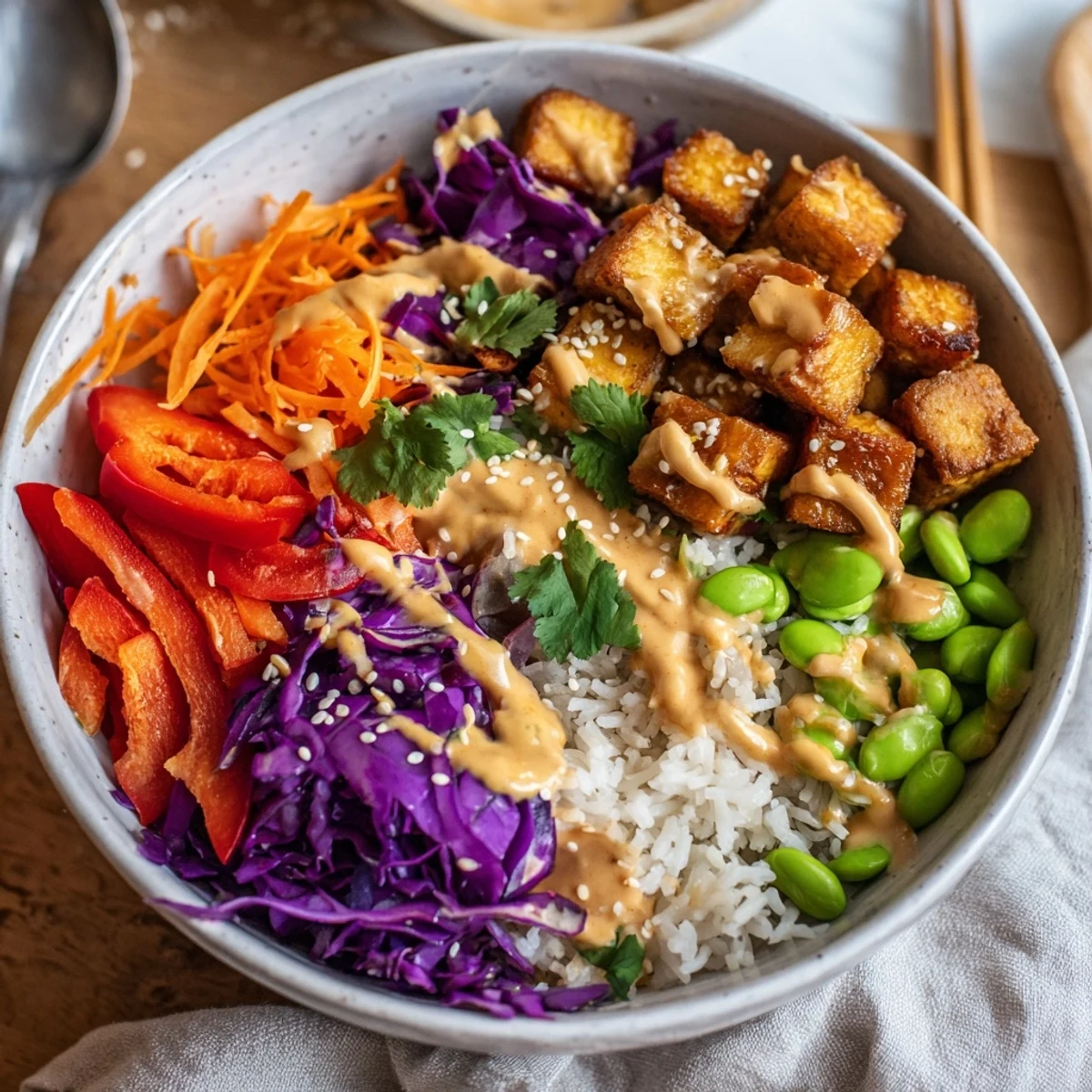 Golden crispy tofu rice bowl with peanut sauce drizzled over fresh vegetables