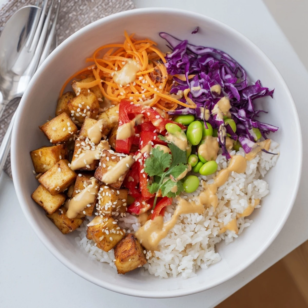 Creamy peanut sauce cascading over crispy tofu in a vibrant rice bowl