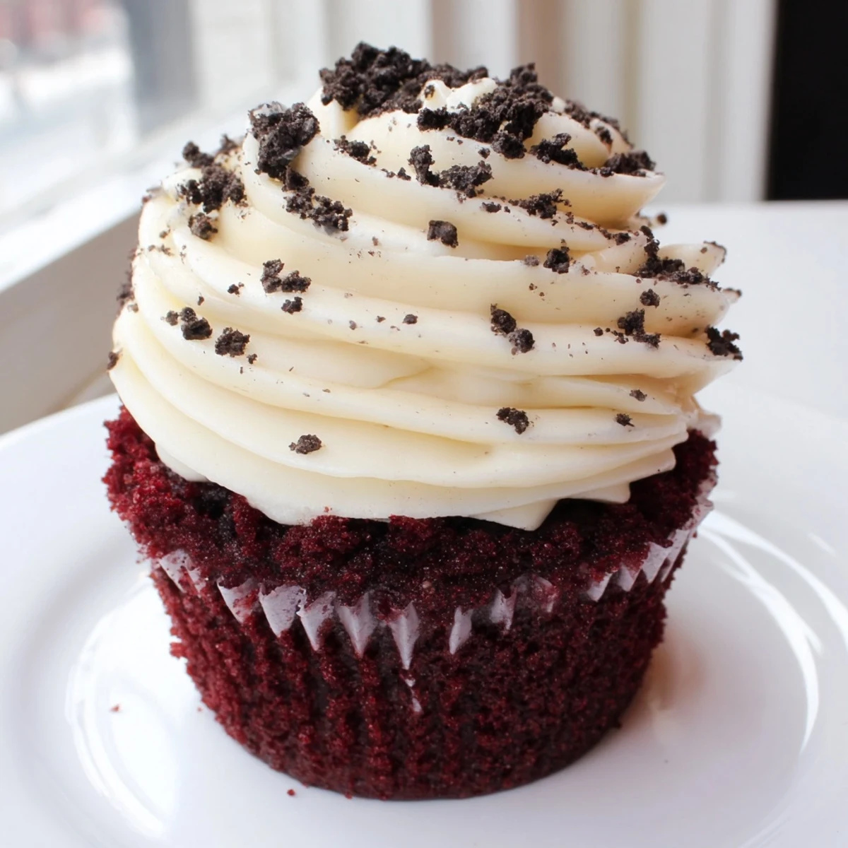 Rich red velvet Oreo cupcakes topped with creamy cookie-flecked frosting on a rustic plate