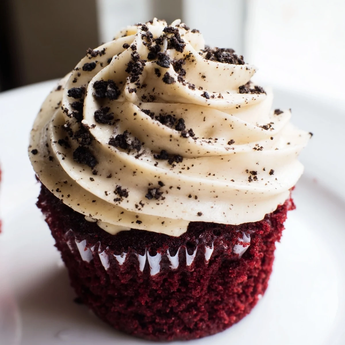 Decadent red velvet Oreo cupcakes shown fresh from the oven with pillowy frosted tops