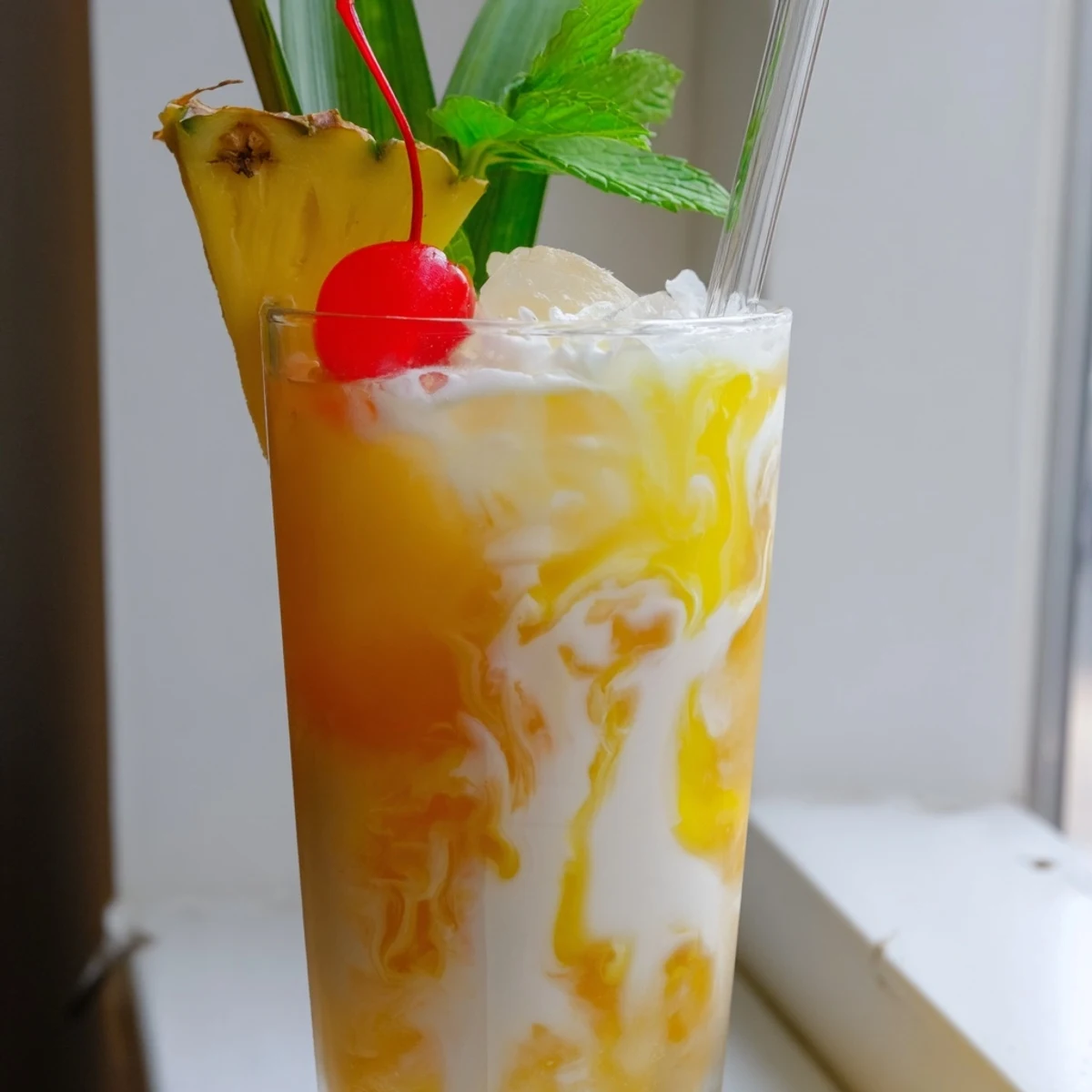 Tropical Thunder Dirty Soda swirling with coconut cream and golden pineapple garnishes in a tall ice-filled glass