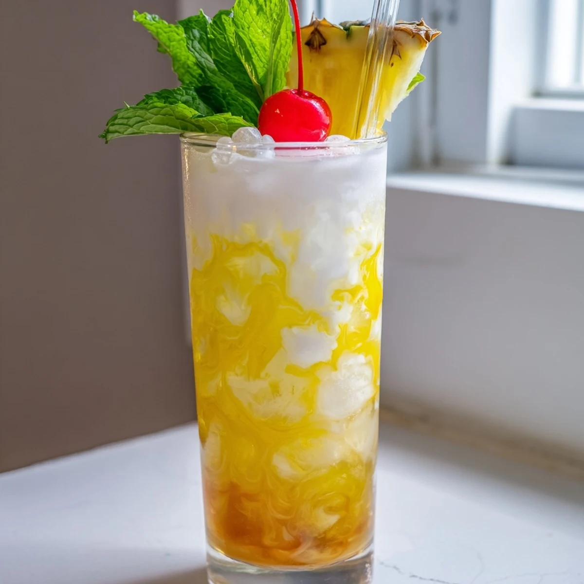 Creamy coconut layer cascading through effervescent Tropical Thunder Dirty Soda topped with a bright maraschino cherry