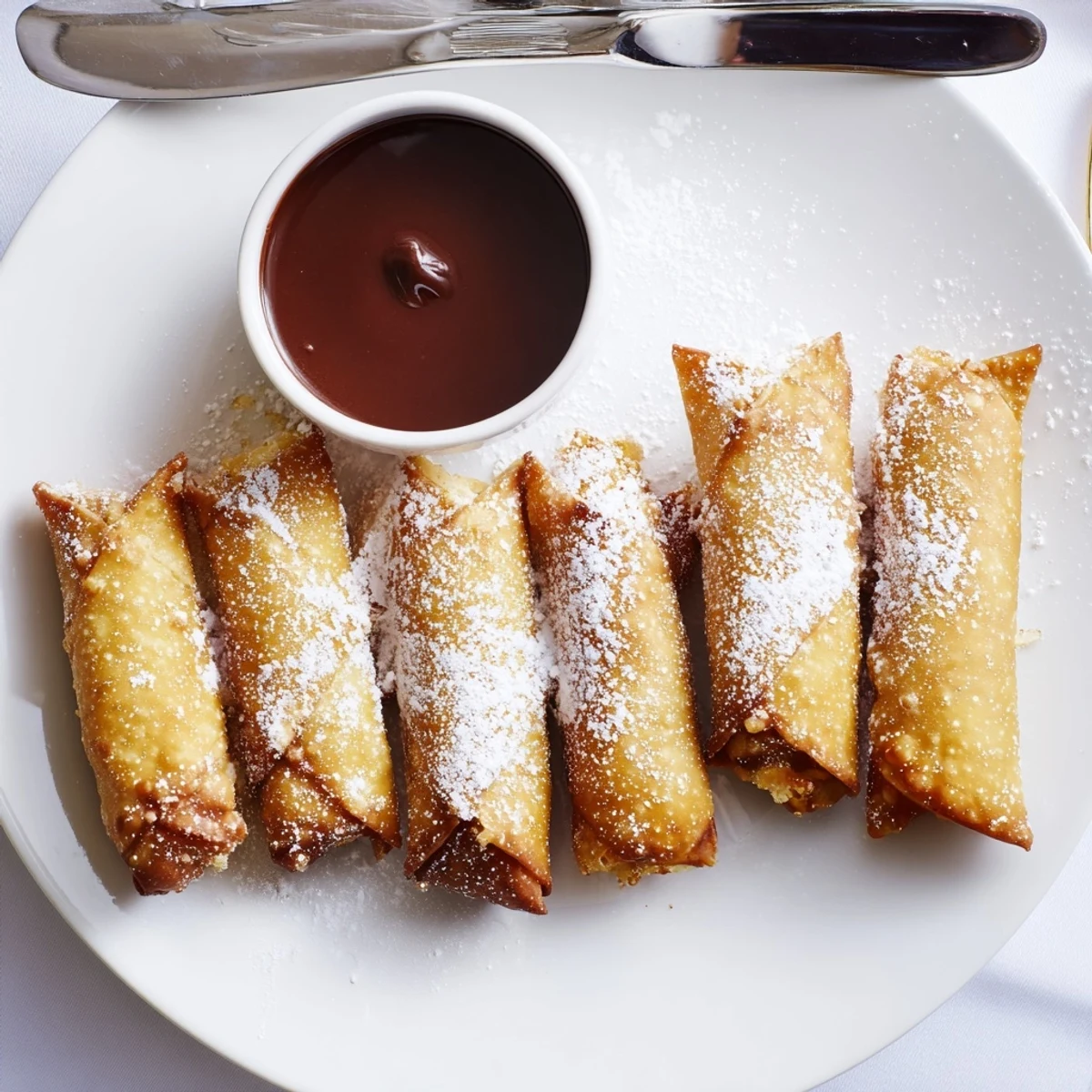 Crispy golden cheesecake egg rolls dusted with powdered sugar on a white plate