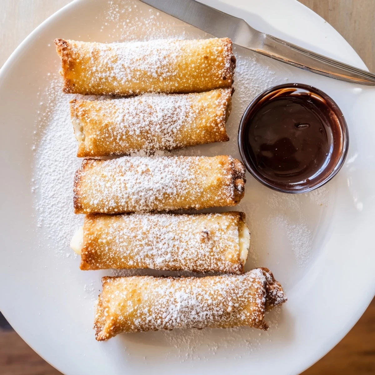 Cheesecake egg rolls with chocolate dipping sauce arranged on a rustic serving board