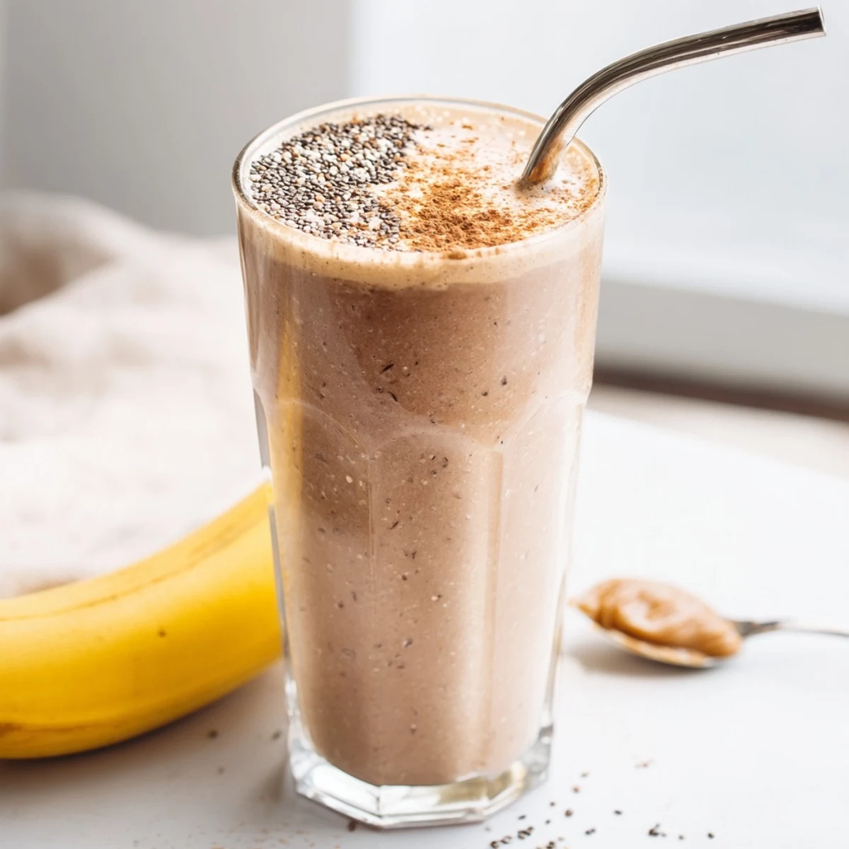 Thick banana protein coffee smoothie poured into a glass with cinnamon dusted on top