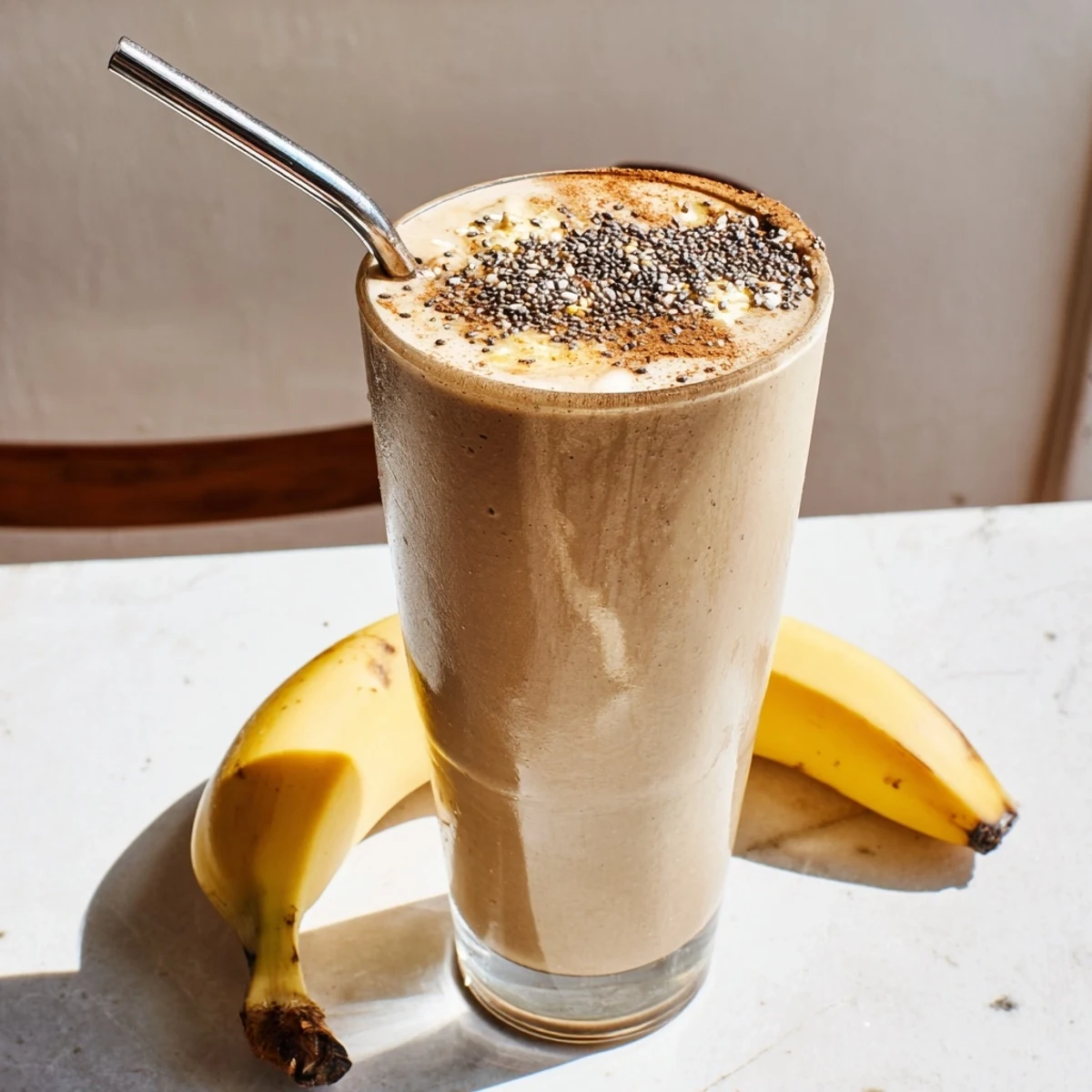 Chilled banana protein coffee smoothie topped with chia seeds beside a ripe whole banana