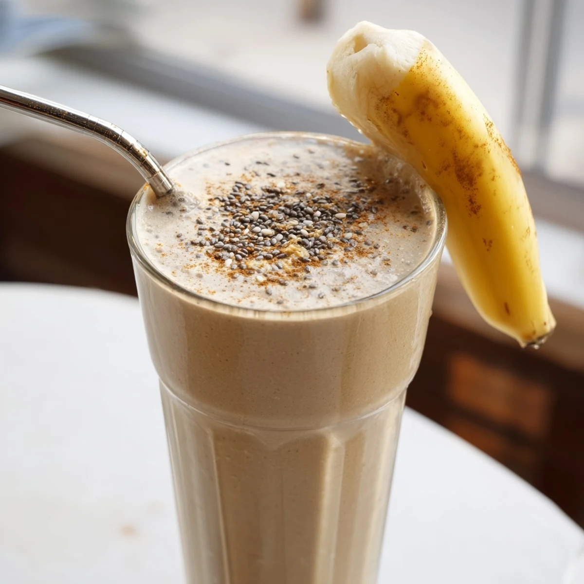 Creamy banana protein coffee smoothie blended rich and frothy in a tall serving glass
