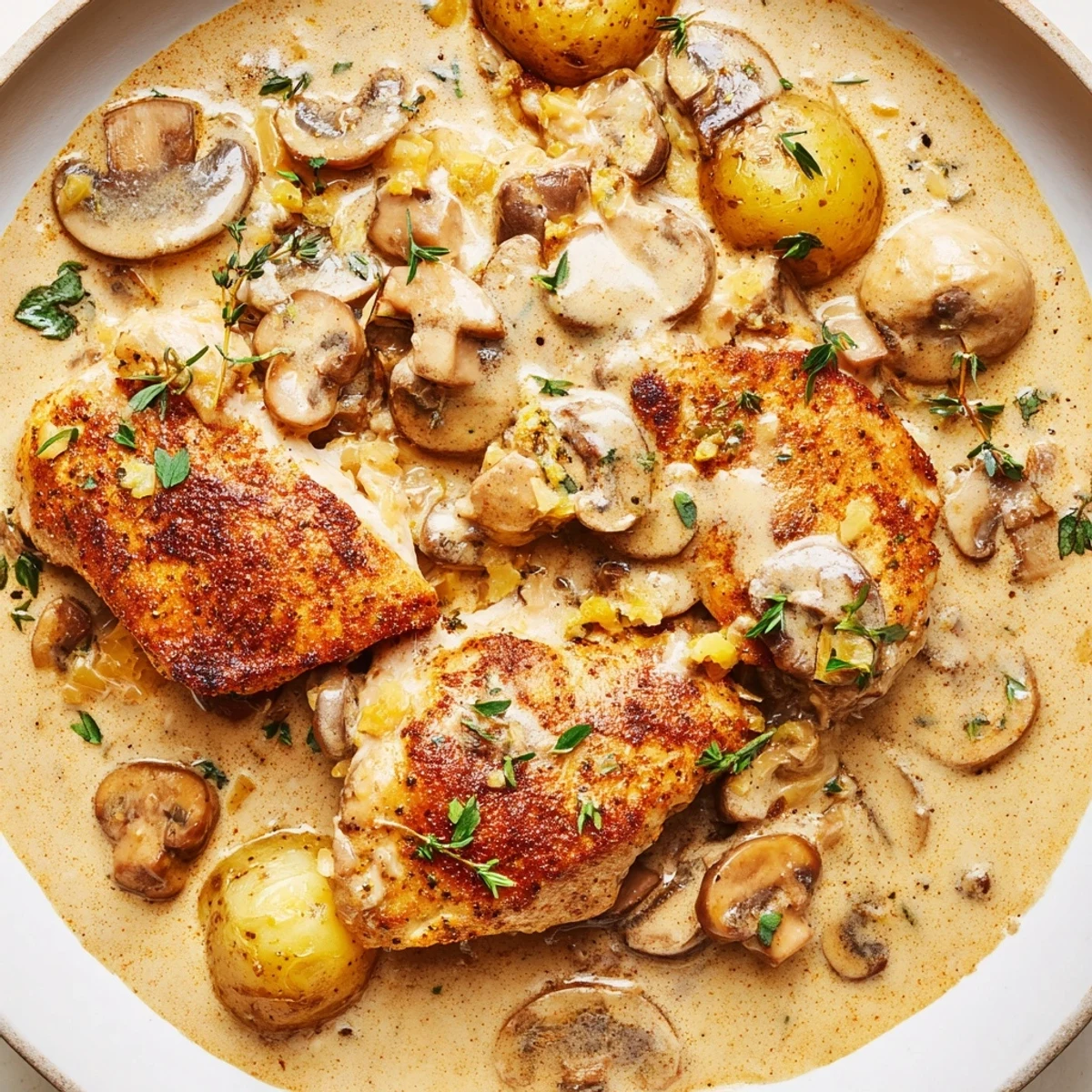 Juicy Creamy Mushroom Chicken smothered in velvety sauce with crispy roasted potatoes