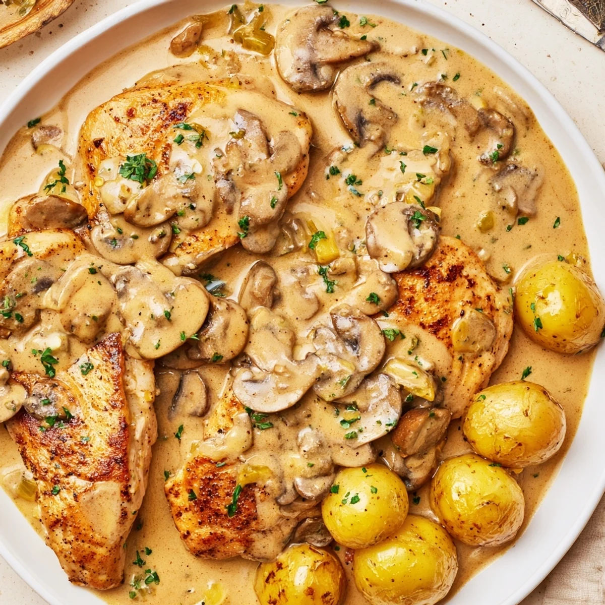 Creamy Mushroom Chicken with golden herb potatoes plated on rustic white dish