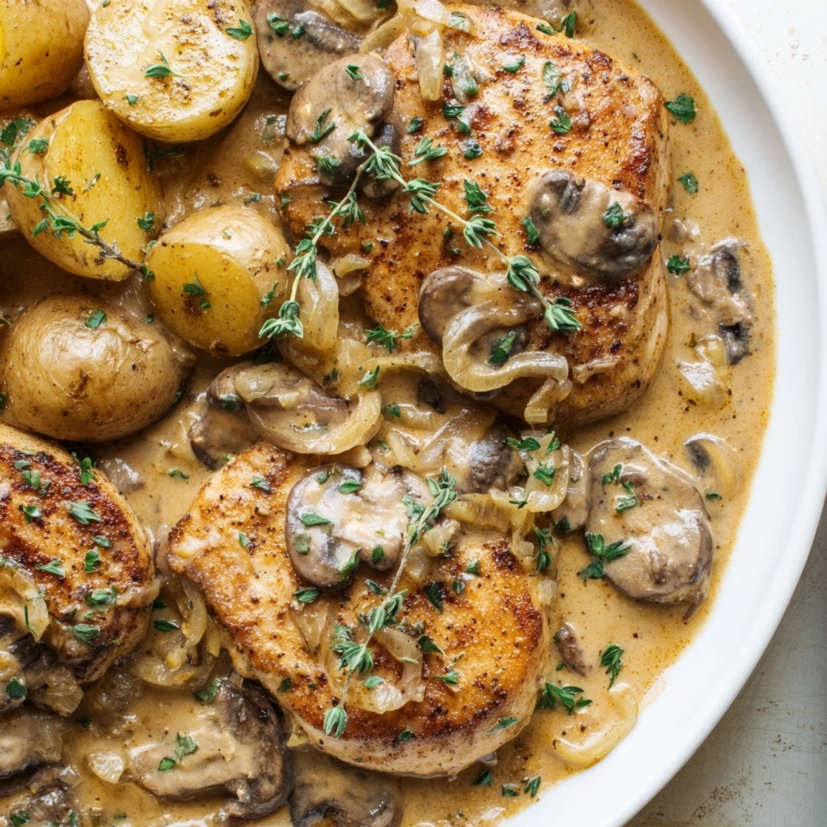 Creamy Mushroom Chicken served alongside herb-crusted potatoes with fresh thyme garnish