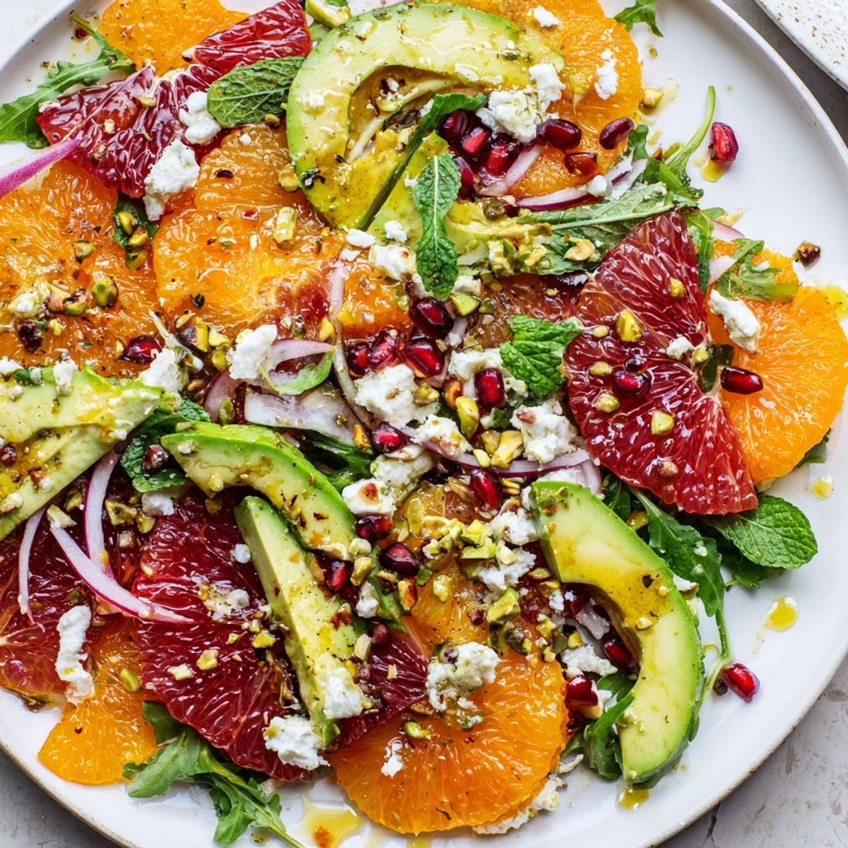 Glistening citrus salad with pomegranate seeds, avocado, and feta on a platter