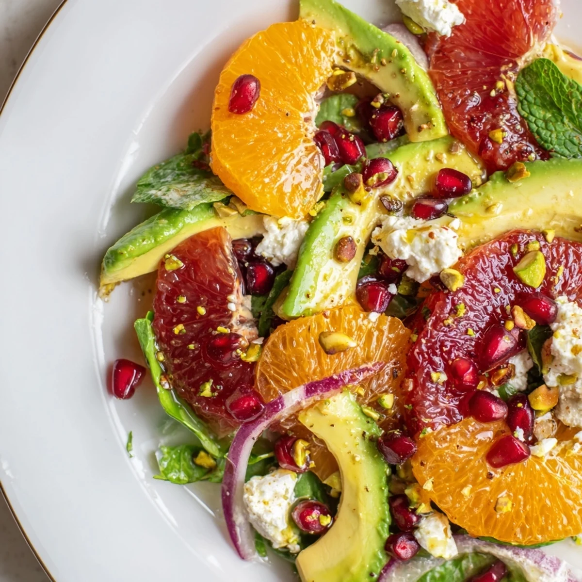 Bright citrus salad layered over greens with creamy avocado and tangy feta