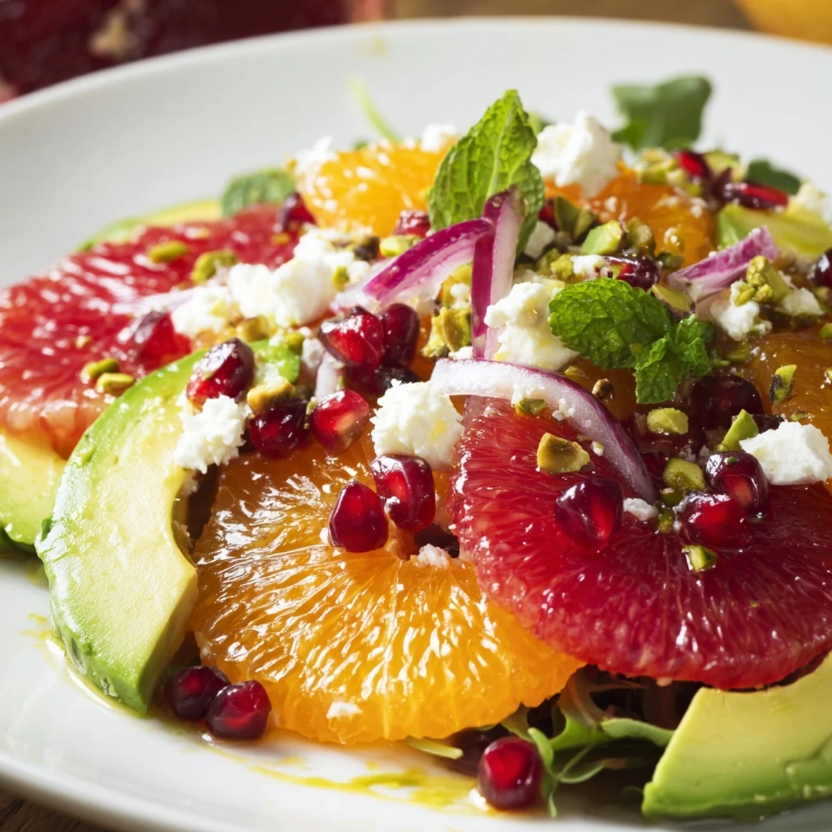 Colorful citrus salad topped with ruby pomegranate jewels and crumbled feta cheese
