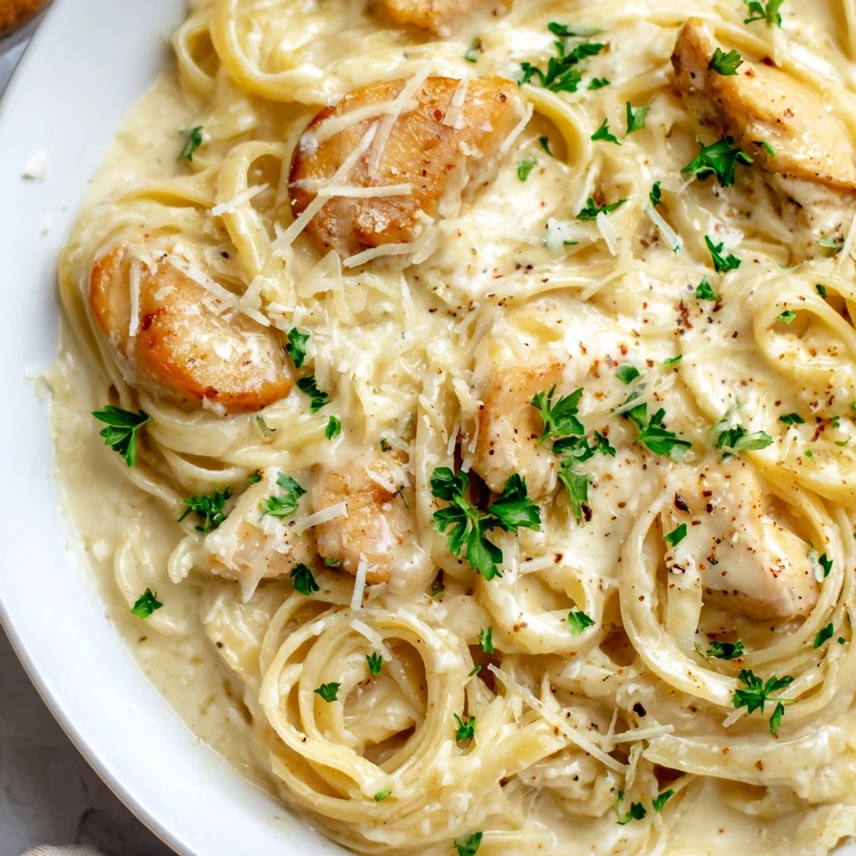 Creamy Garlic Parmesan Chicken Pasta topped with fresh parsley in a white bowl