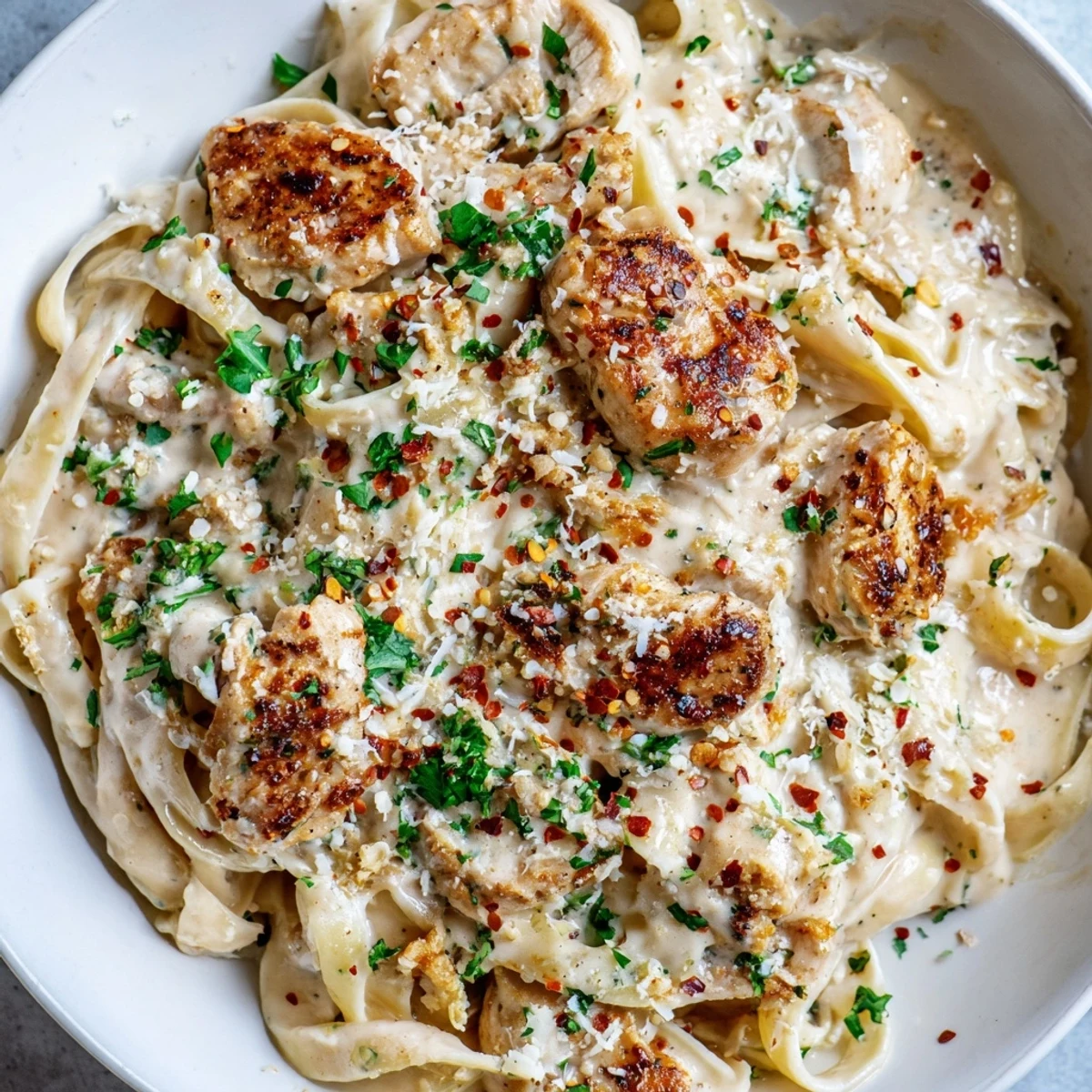 A steaming plate of Creamy Garlic Parmesan Chicken Pasta coated in silky sauce
