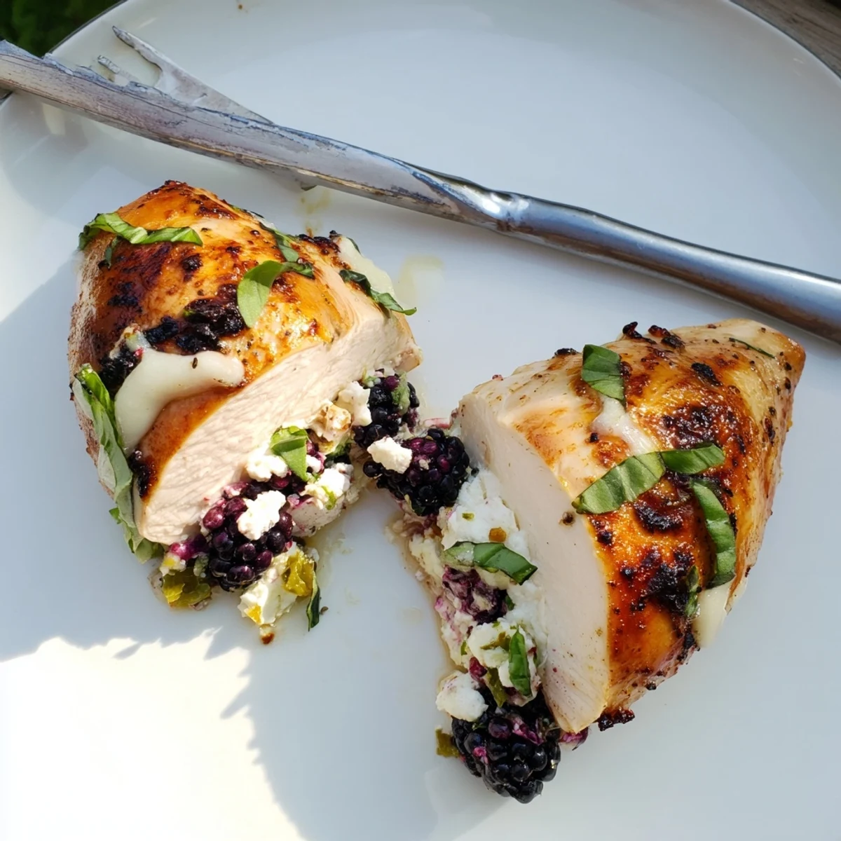 Golden baked blackberry jalapeno stuffed chicken oozing with melted goat cheese on a rustic plate