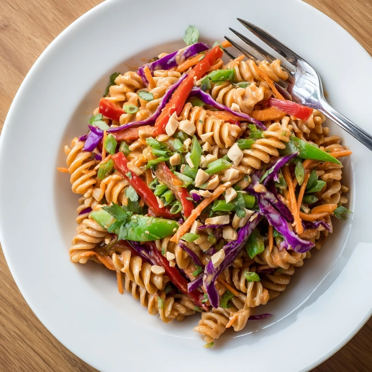 Colorful Spicy Thai Pasta Salad tossed in a creamy peanut dressing with crisp vegetables