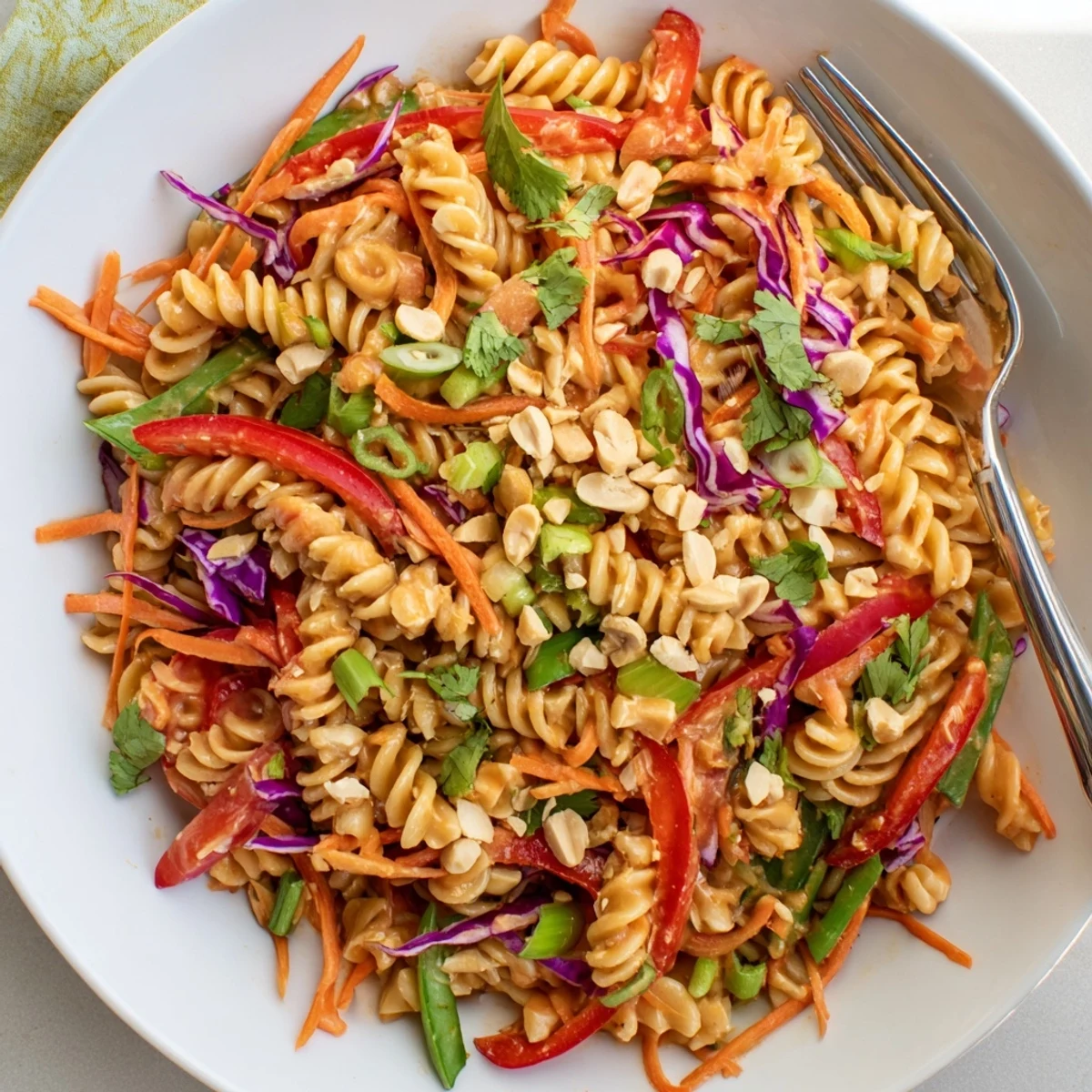Spicy Thai Pasta Salad topped with crushed peanuts and fresh cilantro on a platter