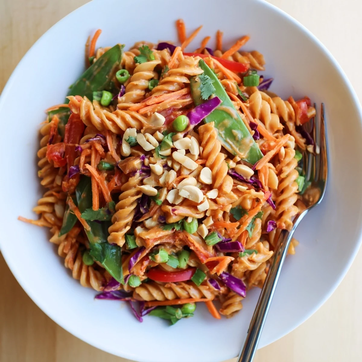 Vibrant Spicy Thai Pasta Salad with julienned carrots, purple cabbage, and a zesty drizzle
