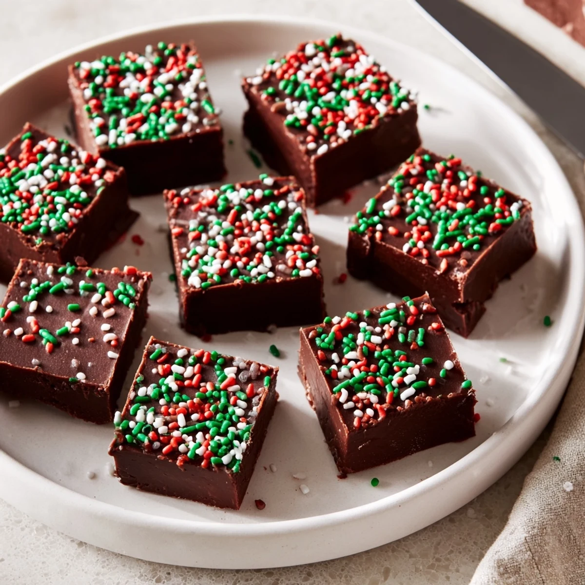 Rich chocolate Christmas fudge with sprinkles glistening under soft holiday lights