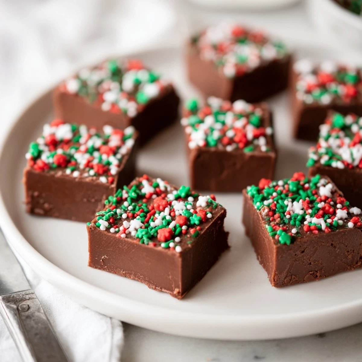 Smooth Christmas fudge with sprinkles served on a festive red platter for sharing