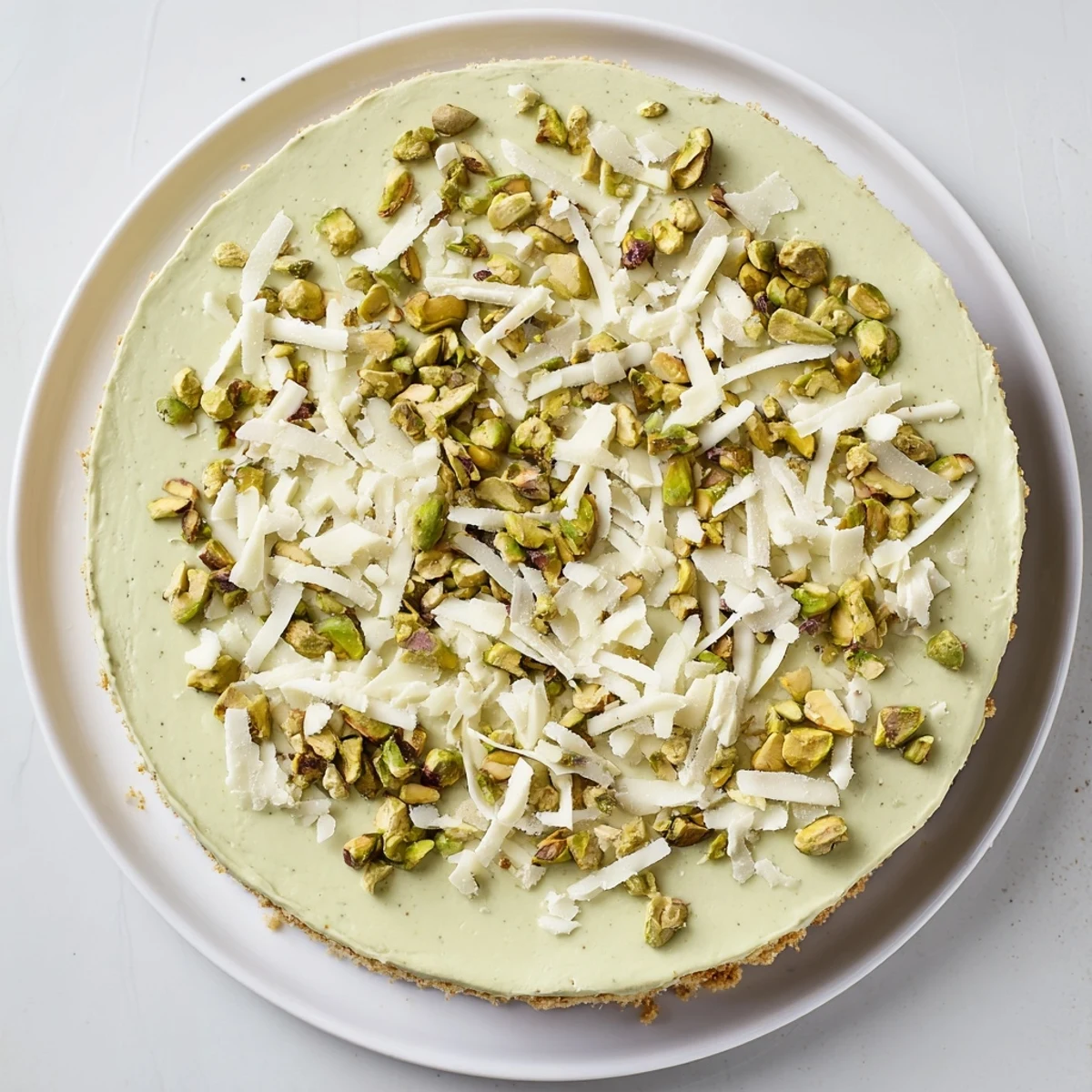 Creamy no bake pistachio cheesecake with a golden buttery graham cracker crust