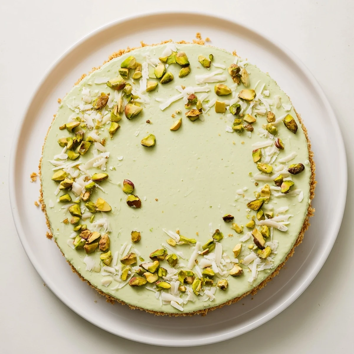 Vibrant green no bake pistachio cheesecake slice topped with crunchy chopped pistachios